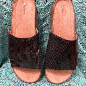 Clark’s Sandals. Black snakeskin pattern upper. Never worn.